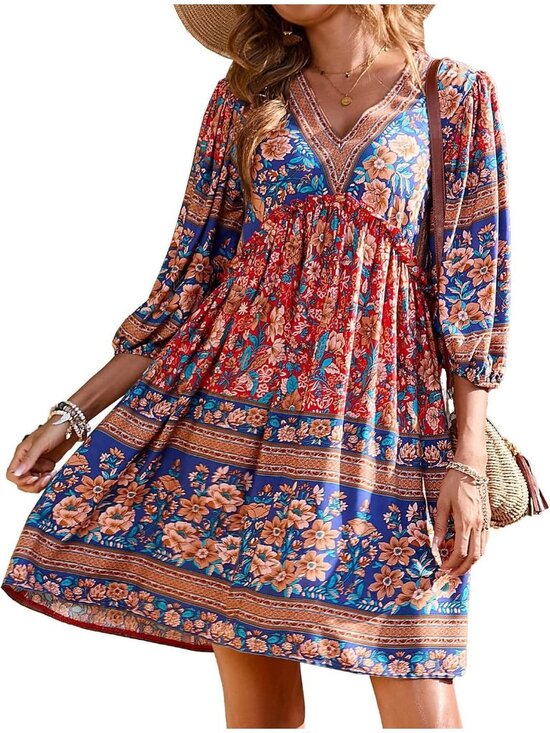 Dresses & Skirts - Women Red Pull On Long Sleeve Floral Flowy Boho Babydoll Mini Short Dress